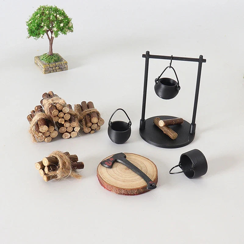 Fantasy Miniature Campfire & Teapot Resin Sculpture Decor