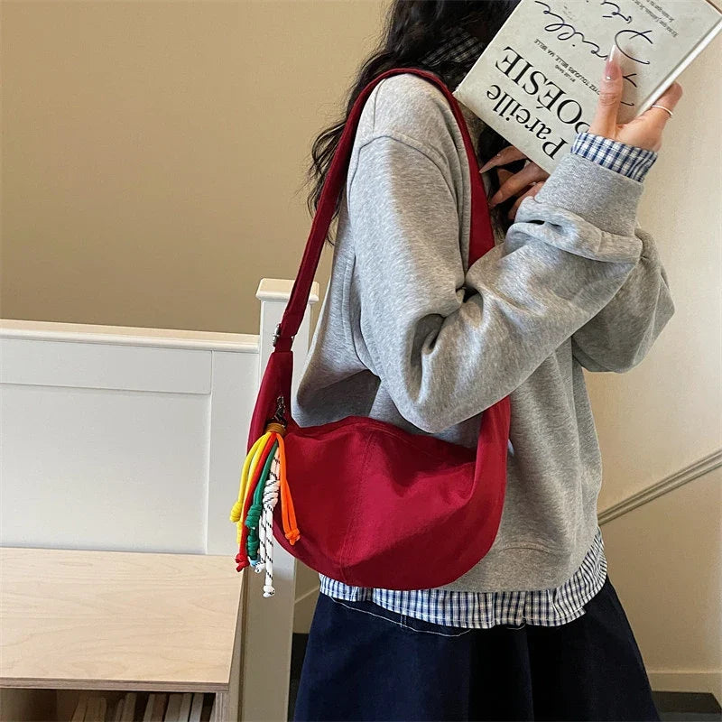 Korean Minimalist Croissant Crossbody Bag – Solid Color Nylon