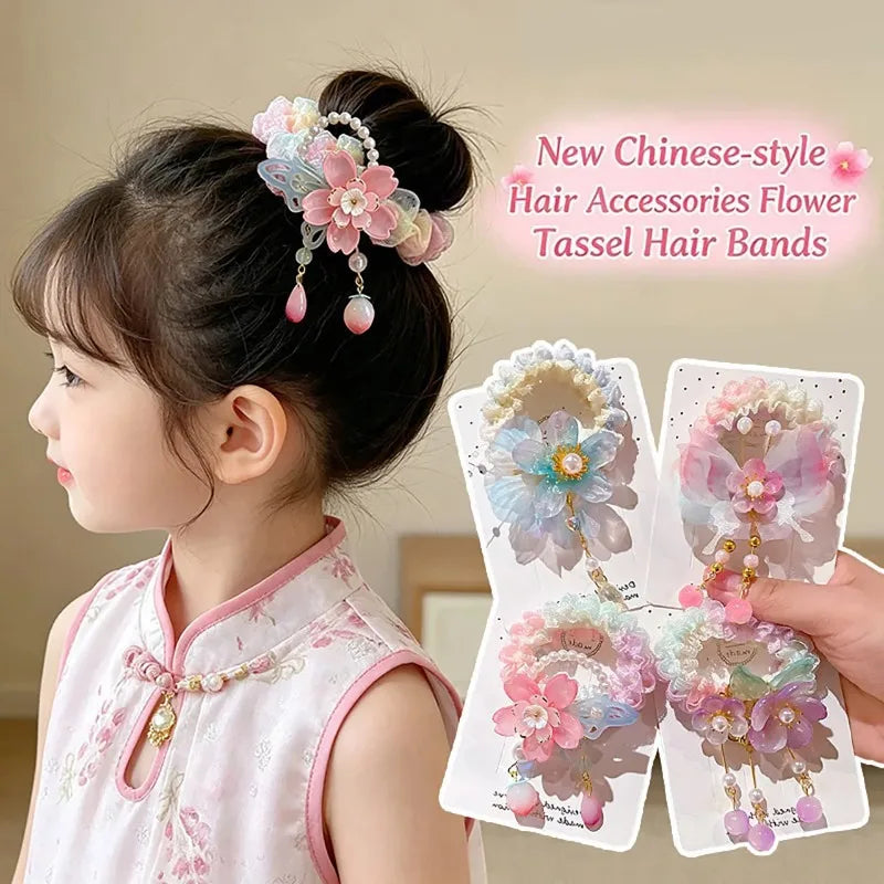 Girls Hanfu Floral Hair Tie with Pearls & Beads | Elastic Bun Rope