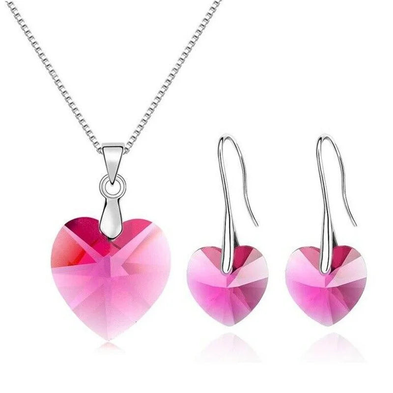 Women's Rose Red Zircon Heart Necklace & Earrings Set