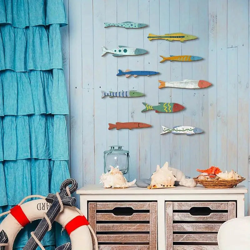 Wooden Ocean Fish Wall Decor Set – 10 Pcs Coastal Style