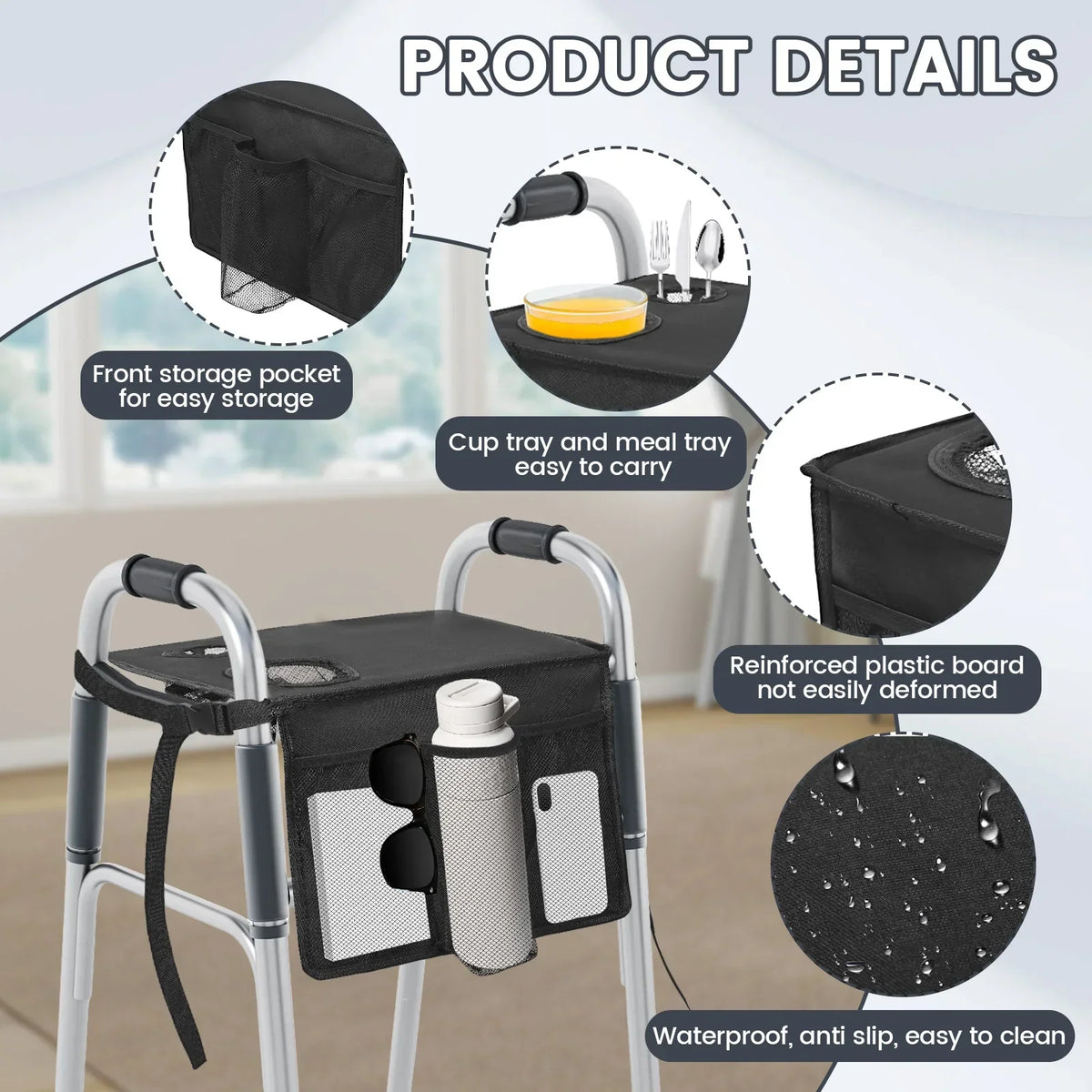 Folding Walker Tray with Cup Holder & Multi-Pocket Storage Bag