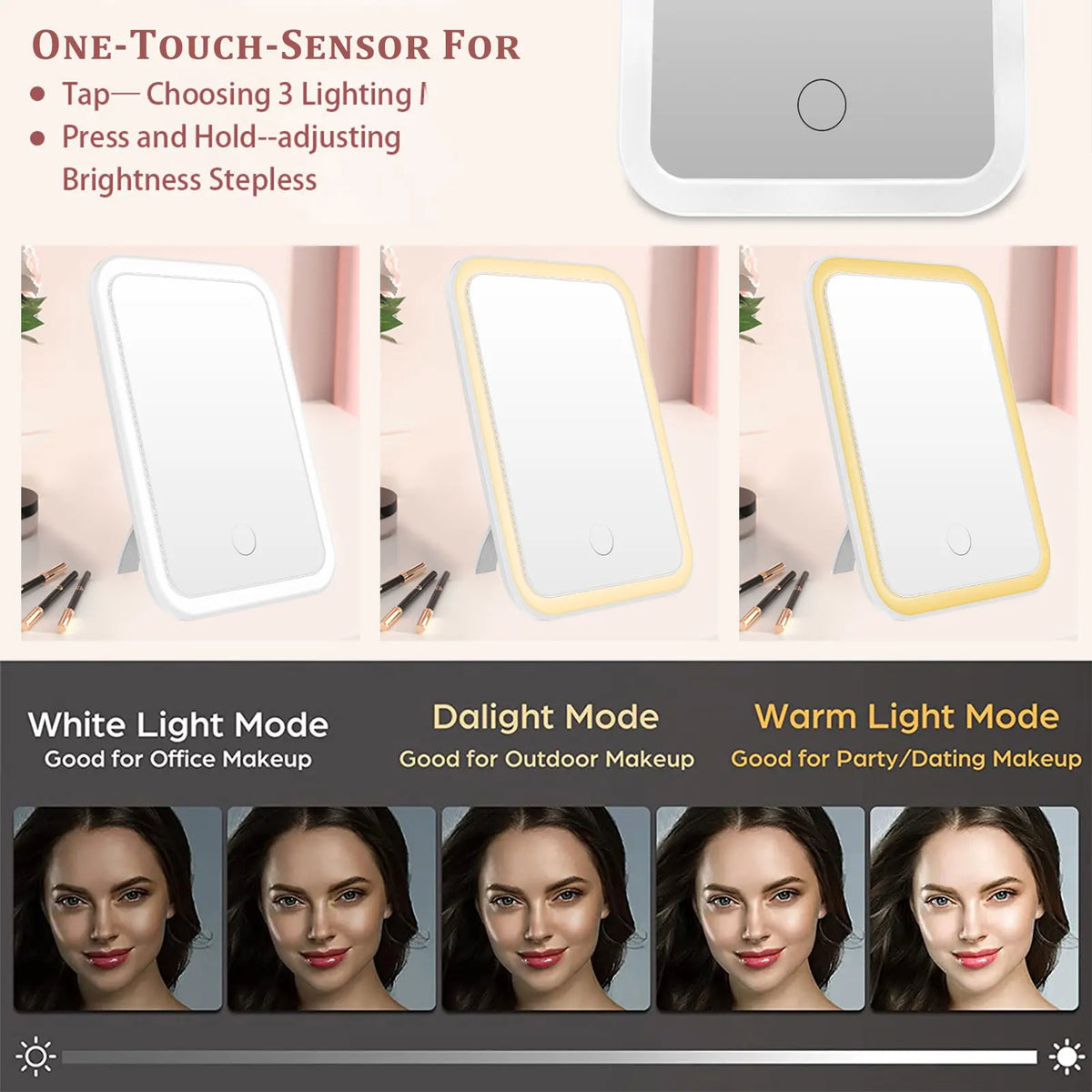 LED Dimmable Makeup Mirror 3 Color Modes USB Rechargeable