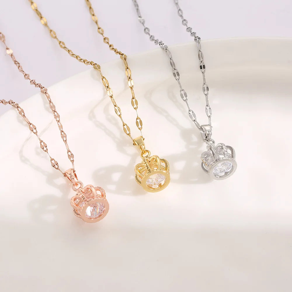 Gold Crown Pendant Necklace – Stainless Steel Clavicle Chain
