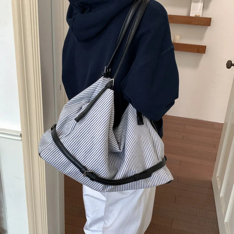 Korean Striped Canvas Tote Bag – Large Women's Shoulder Bag