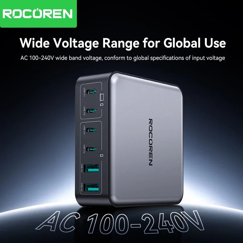 Rocoren 200W GaN Charging Station 6-Port USB-C Desk Charger