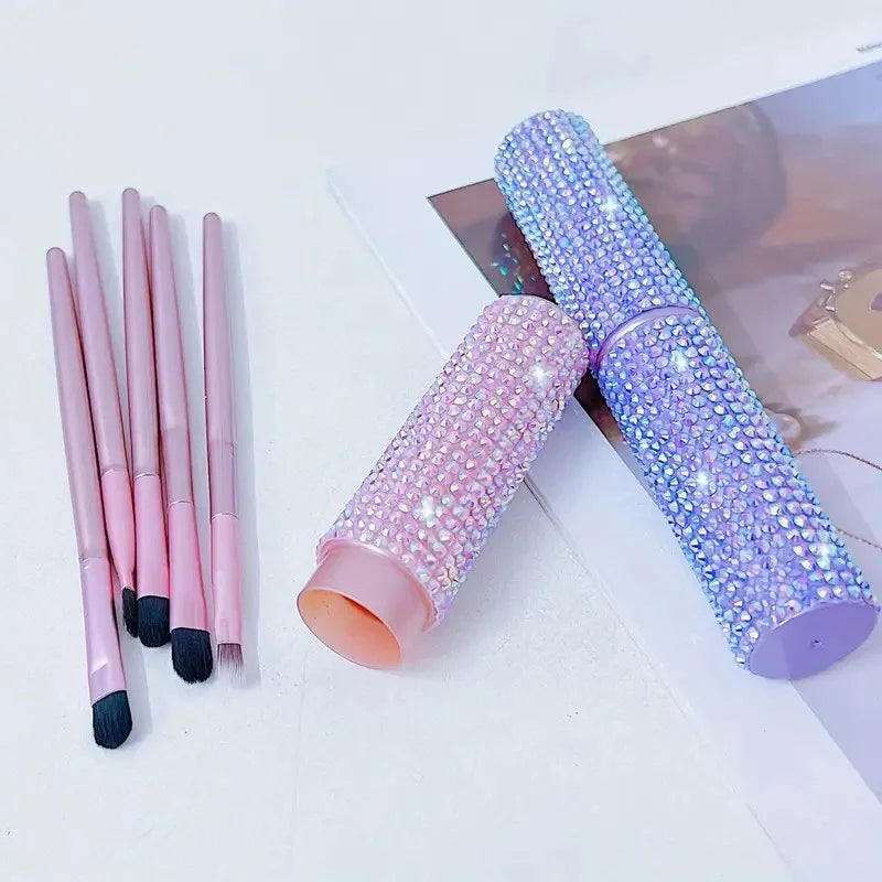 5-Piece Eye Makeup Brush Set with Rhinestone Storage Case
