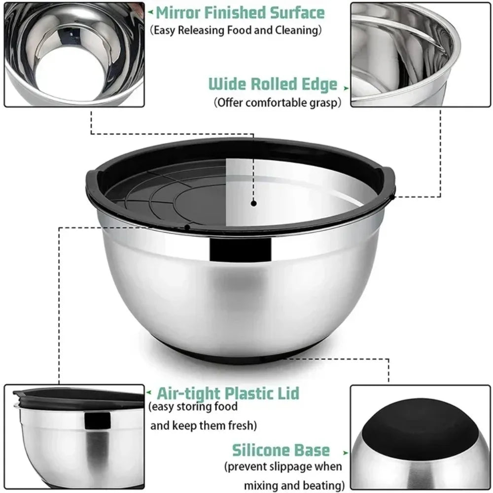 Stainless Steel Mixing Bowls with Airtight Lids & Silicone Base