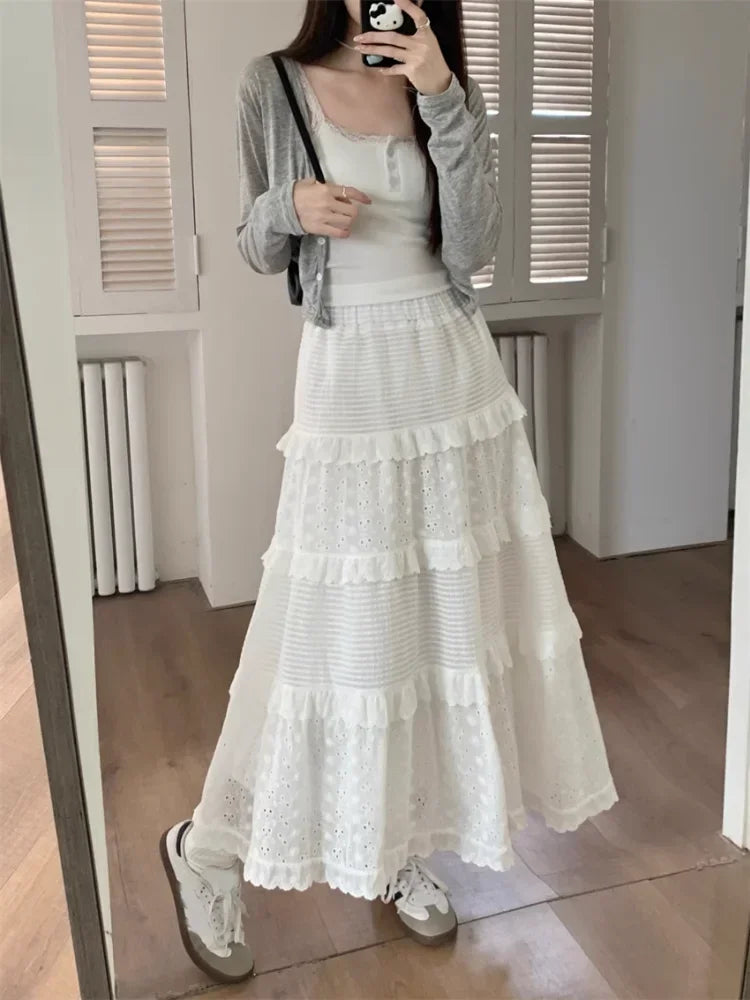 Women's White Lace Ruffle Midi Skirt | High Waist A-Line Ballet