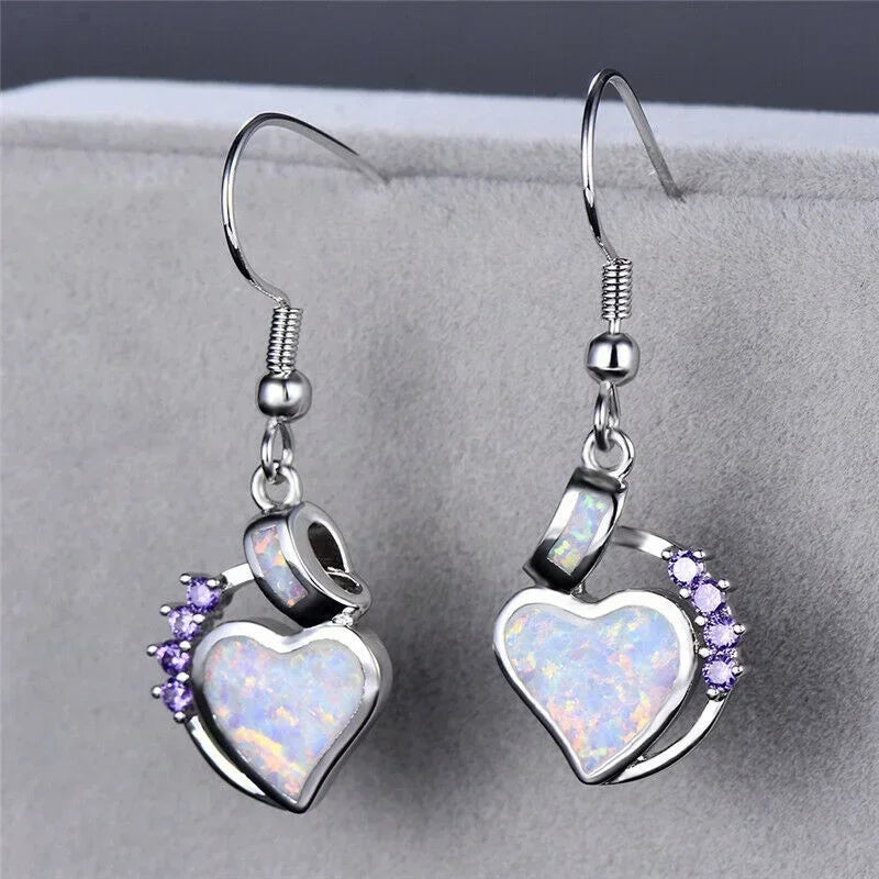 White Simulated Opal Heart Stud Earrings | Rhinestone Drop