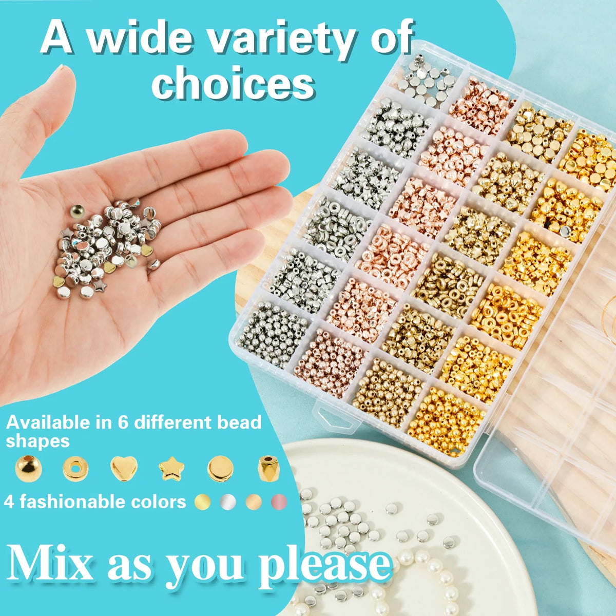 2160Pcs Spacer Beads Set – 6 Shapes & 4 Colors DIY Jewelry Kit