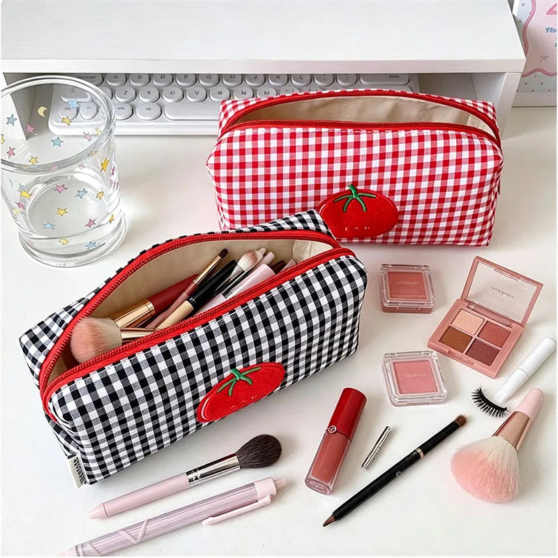 Tomato Embroidery Plaid Makeup Brush Bag & Cosmetic Organizer