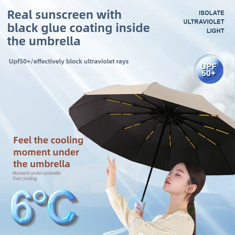 UPF50+ 16-Rib Auto Folding Windproof UV Umbrella – Unisex