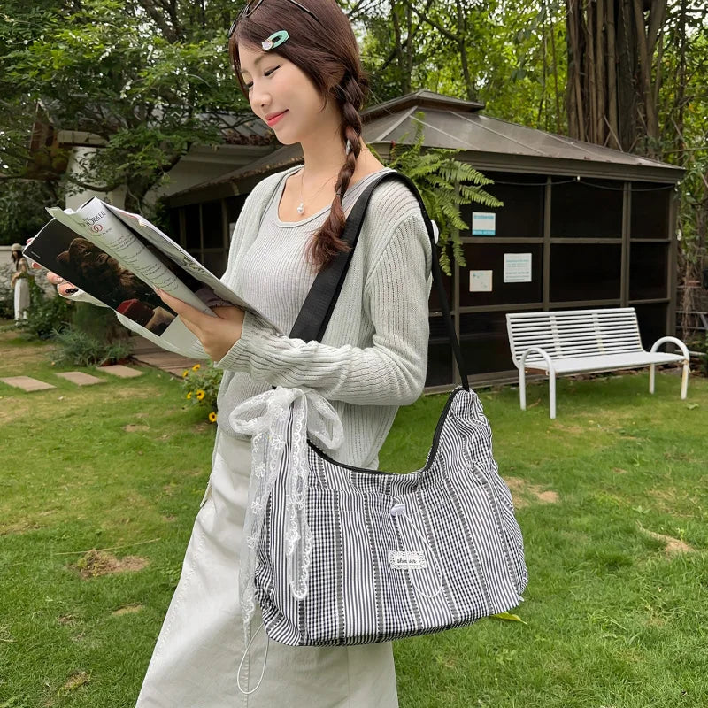 Women's Striped Nylon Tote Bag – Large Capacity Shoulder Bag