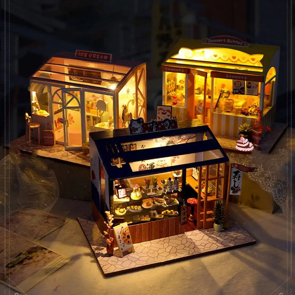 Japanese DIY Dollhouse Kit – Sushi Flower Shop with LED Lights