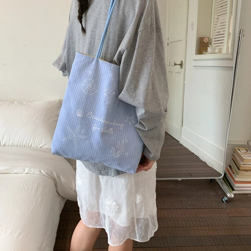 Women's Large Canvas Striped Tote Shoulder Bag | Korean Style