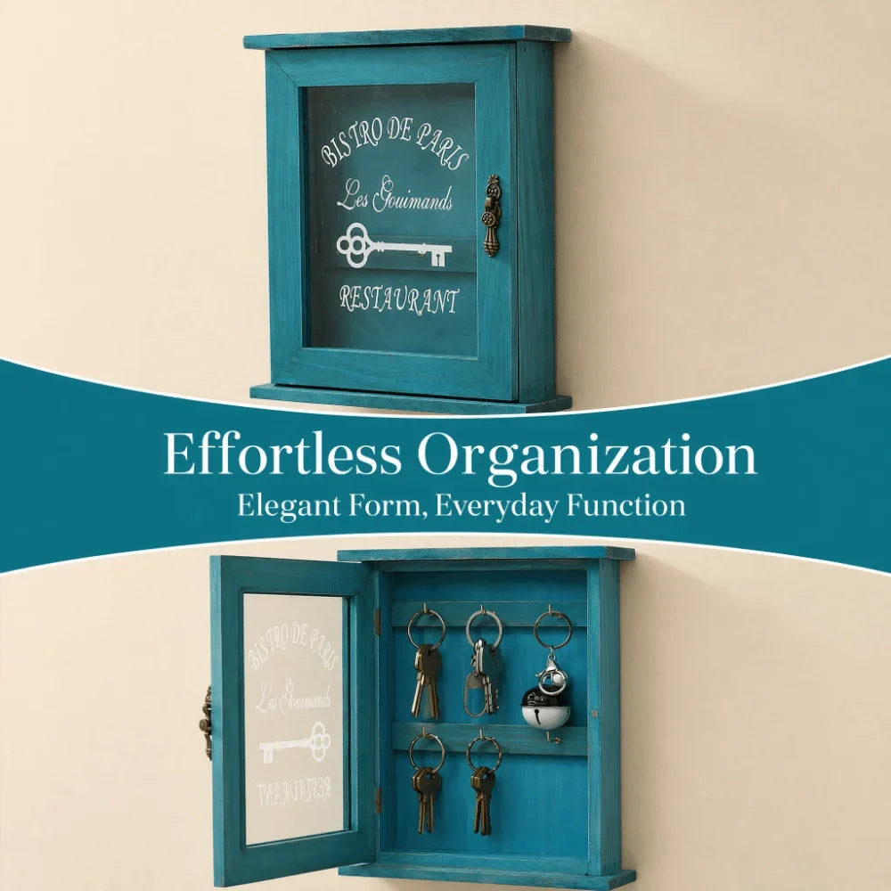 Vintage Wooden Key Cabinet – Wall Mounted, 6 Hooks & Glass Door