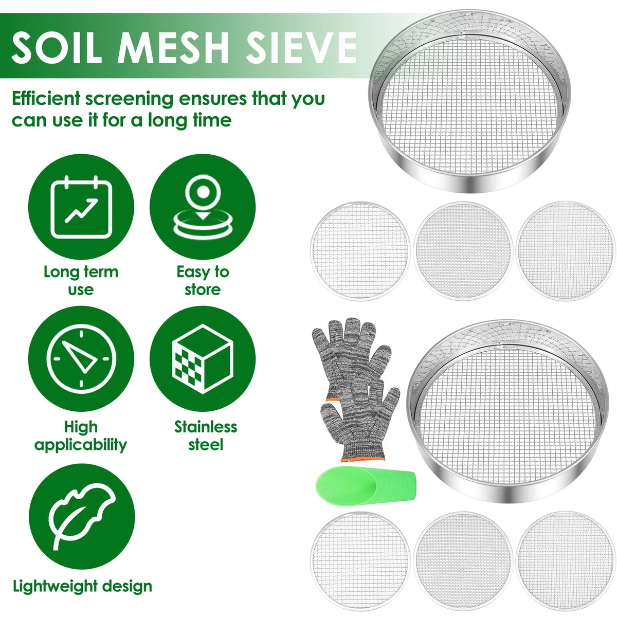 Stainless Steel Soil Sieve Set – 3/6/9mm Compost Sifter Kit