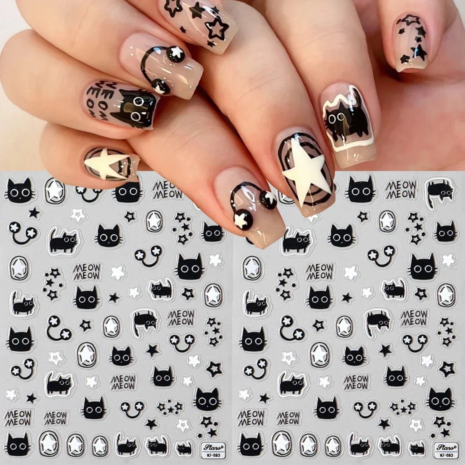 Y2K Cat & Dog Nail Art Stickers | Black Silver Decals 2 Sheets