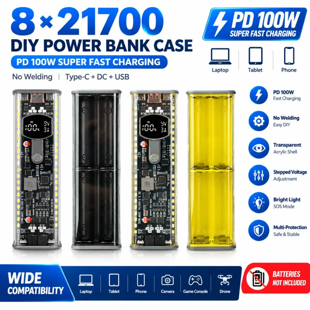 Gaqqee 8×21700 Power Bank Case PD 100W DIY Fast Charging Kit