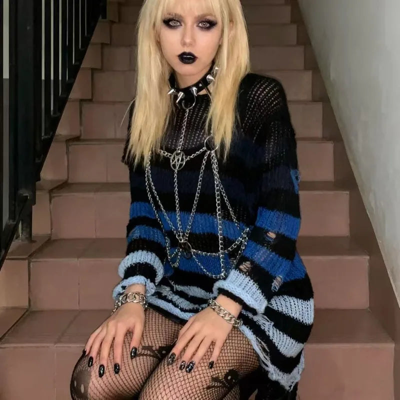 Women's Punk Gothic Oversized Striped Hollow Knit Sweater