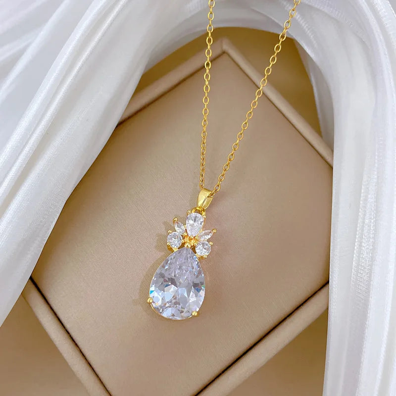 Waterdrop Pendant Necklace Women | Gold Zircon Clavicle Chain