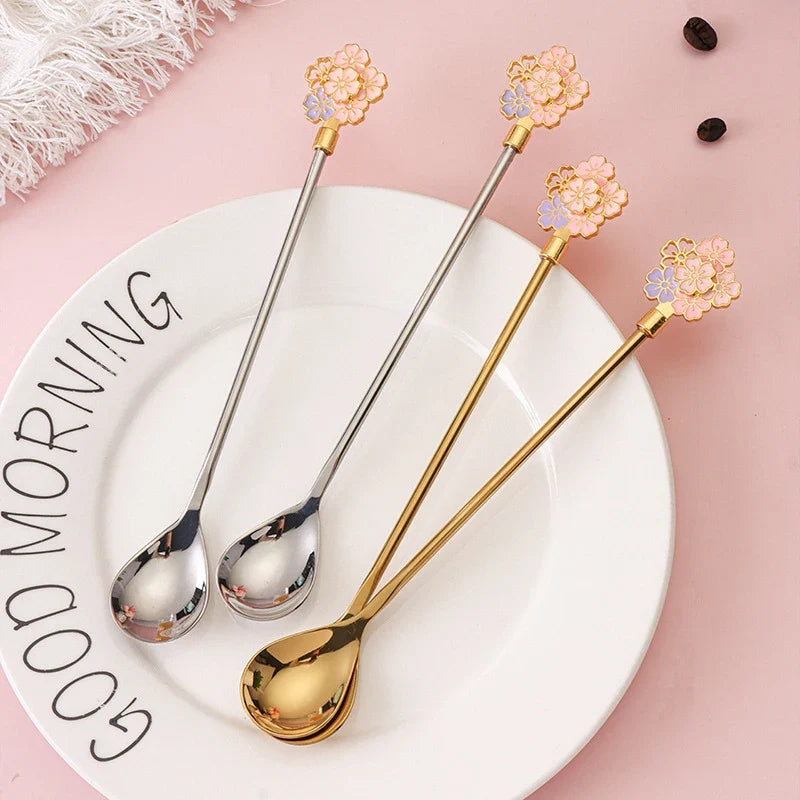Stainless Steel Cherry Blossom Dessert Spoons, Set of 2