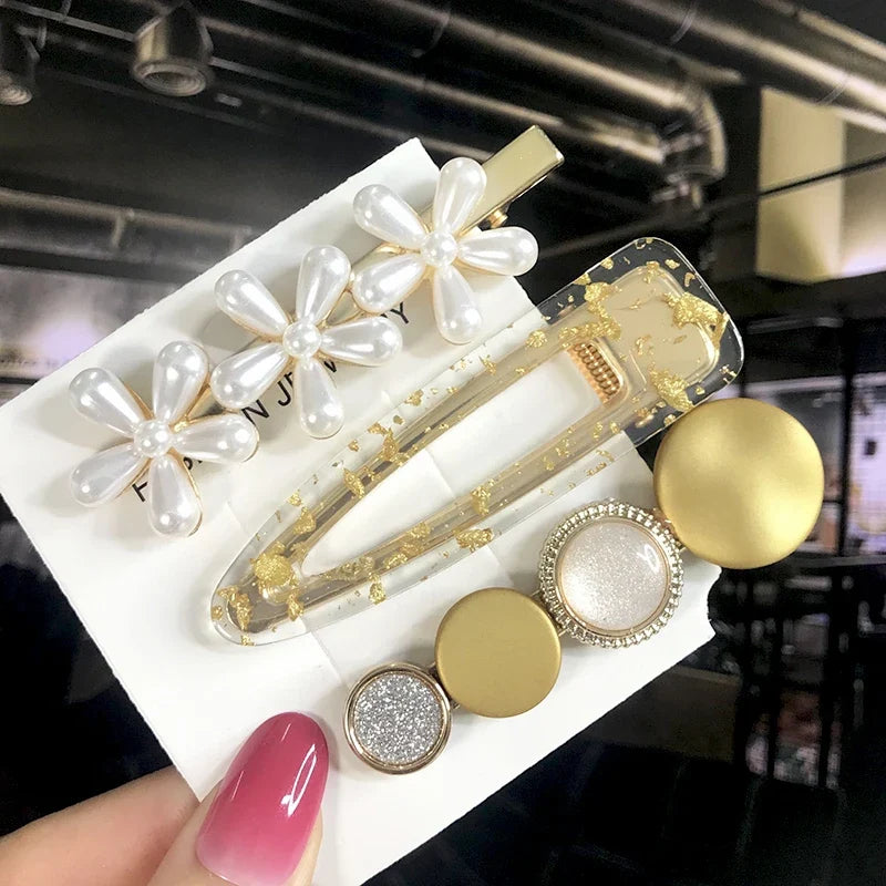 Pearl Crystal Hair Clips Set – Korean Geometric Barrettes