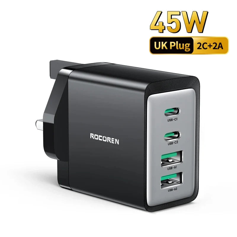 Rocoren GaN 45W 4-Port USB-C Fast Charger for iPhone & Samsung