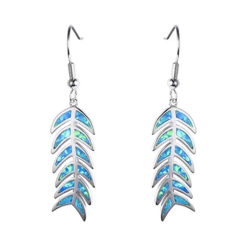 Vintage Simulated Opal Feather Dangle Drop Earrings | Retro