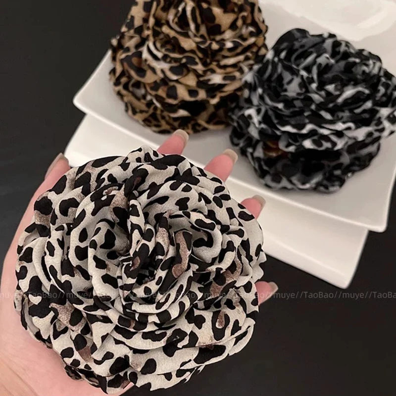 Leopard Print Fabric Rose Flower Hair Claw Clips for Women
