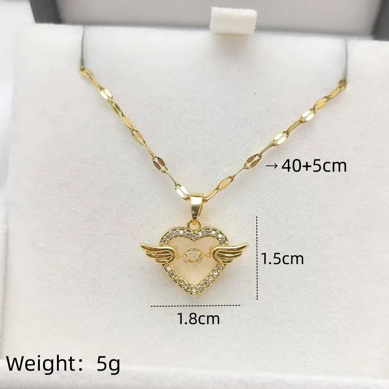 Love Heart Angel Wings Copper Pendant Necklace for Women
