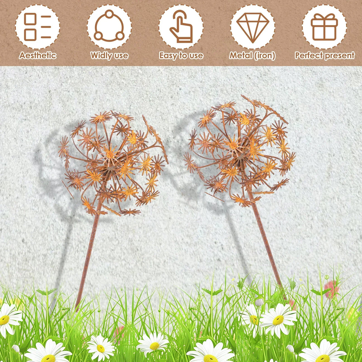 Rusty Metal Flower Garden Stakes – 2 Pcs Vintage Outdoor Décor