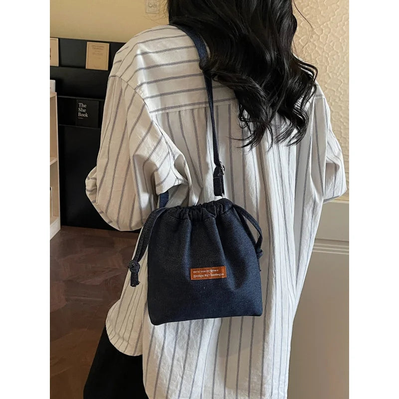 Women's Denim Drawstring Bucket Bag – Crossbody Shoulder