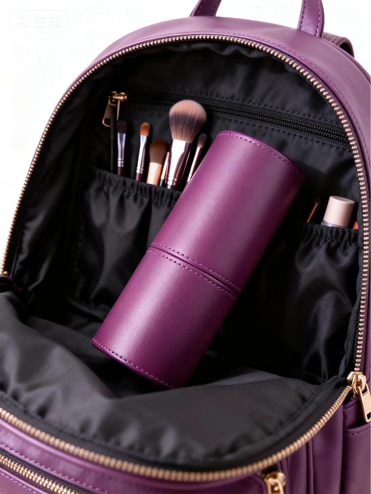 PU Leather Makeup Brush Holder Desktop Cosmetics Storage Bucket