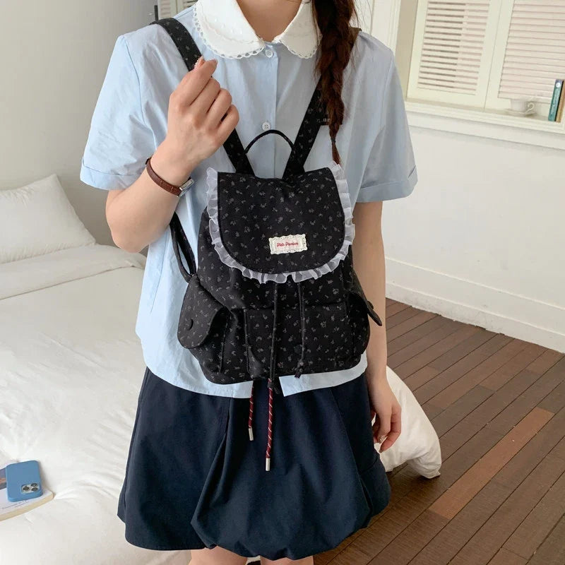 Korean Floral Canvas Backpack – Large Capacity Women's Bag