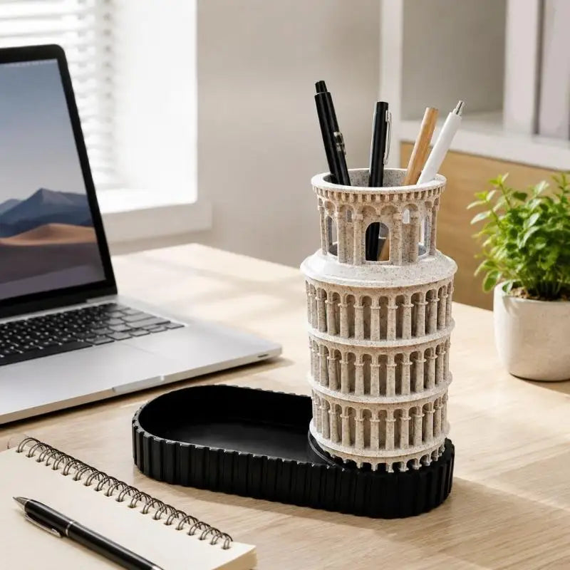 Leaning Tower Decorative Pencil Cup with Side Storage Tray