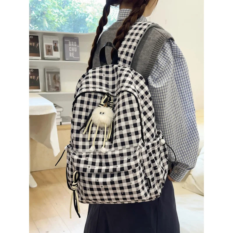 Korean Plaid Backpack – Cute Star Design, Lightweight School Bag