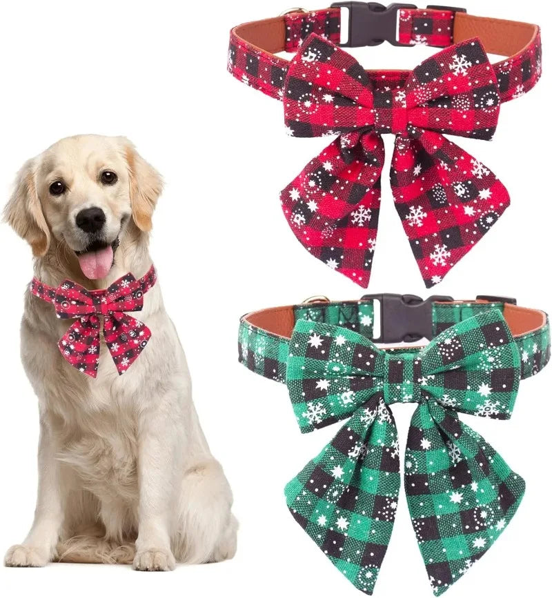 Christmas Plaid Dog Collar with Removable Bow Tie | Large Dogs