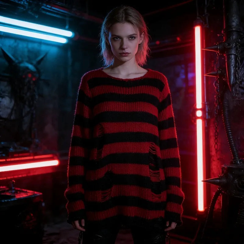 Women's Punk Gothic Oversized Striped Hollow Knit Sweater