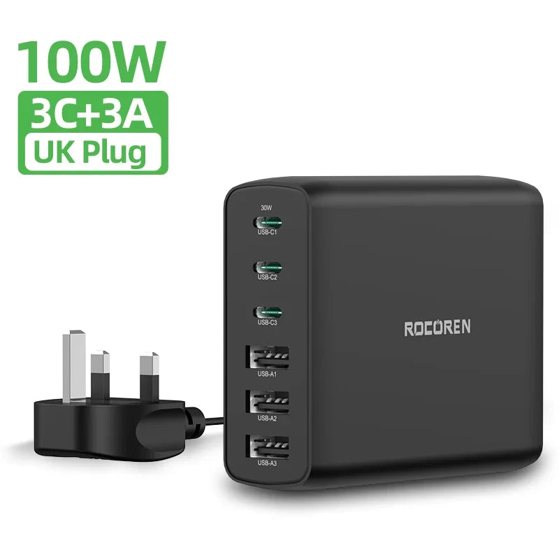 Rocoren 100W GaN Desktop Charger 6-Port USB-C PD Fast Charge