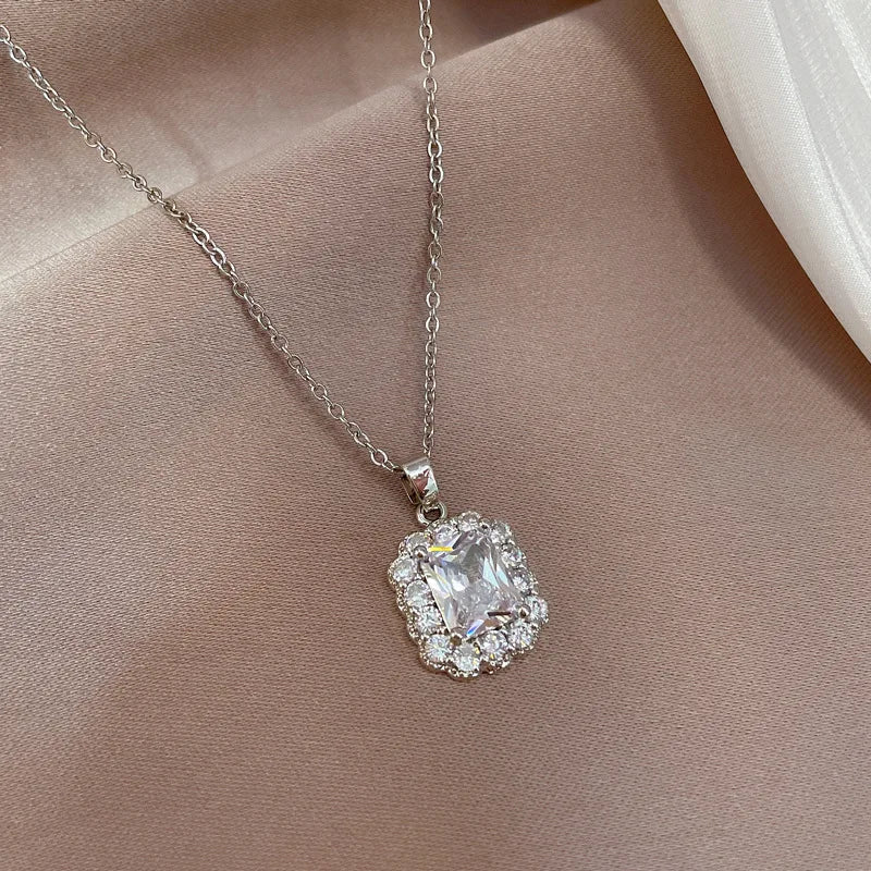 Women's Square Pendant Choker Necklace | Stainless Steel & Zircon