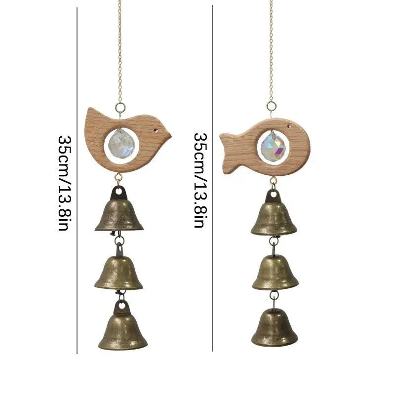 Wooden Fish & Bird Wind Chime – Crystal & Brass Bell Décor