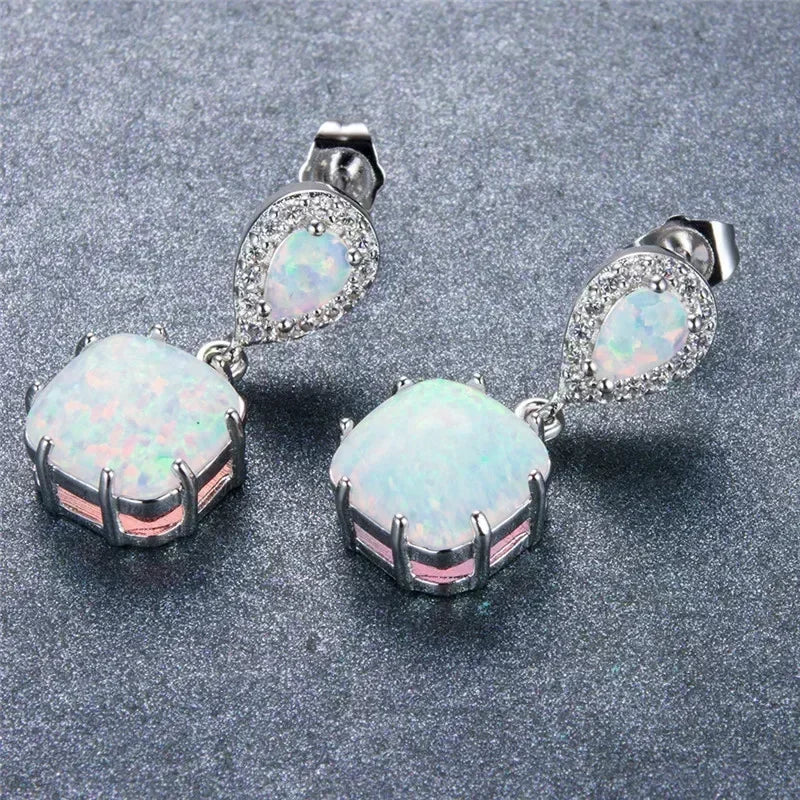 White Simulated Opal Dangle Earrings – Zinc Alloy Hook Drop