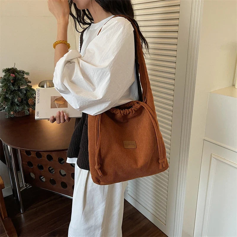 Korean Minimalist Plush Drawstring Tote Bag – Large Capacity