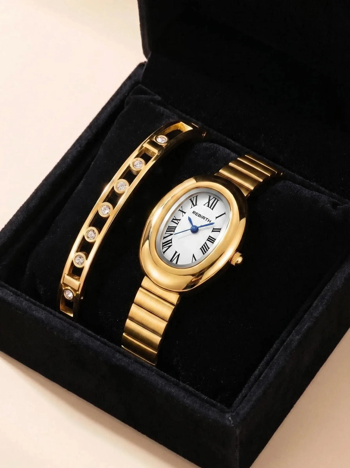 Women's Gold Watch & Bracelet Set – Quartz Roman Numeral Dial