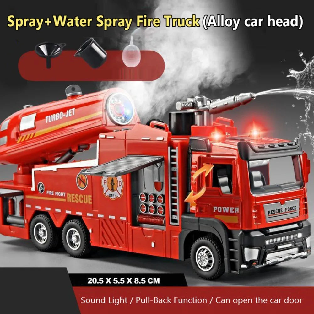 1:32 Fire Truck Toy – Pull-Back, Sound, Light & Water Spray