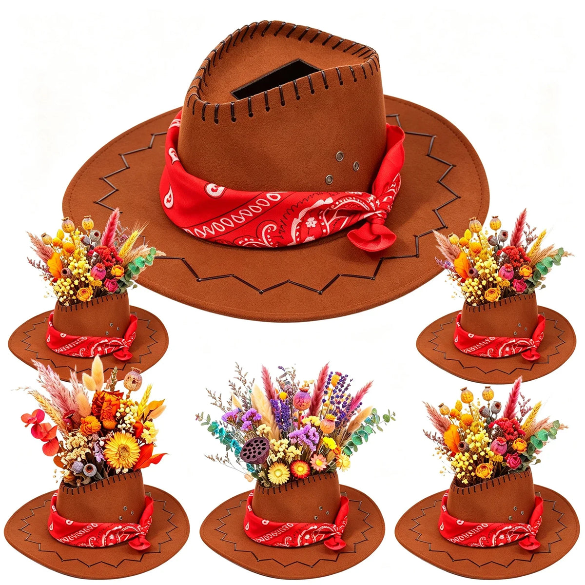 6Pcs Western Cowboy Hat Flower Vase Party Centerpiece Set