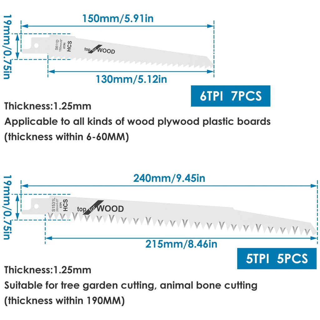 12Pcs Reciprocating Saw Blades 6 & 9 Inch High Carbon Steel Set