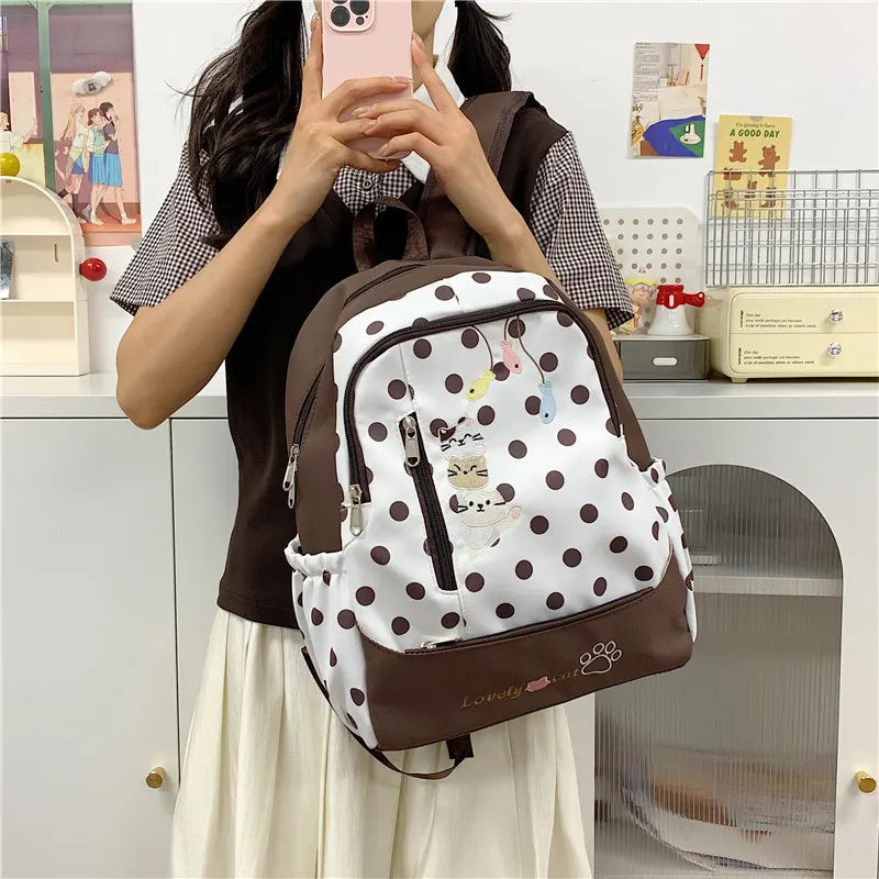 Cartoon Kitten Backpack – Korean Polka-Dot Lightweight Canvas